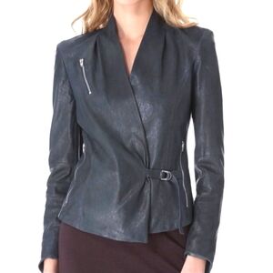 Helmut Lang Jacket Lamb Leather Baltic Teal Blue Long Sleeve Size P / XS